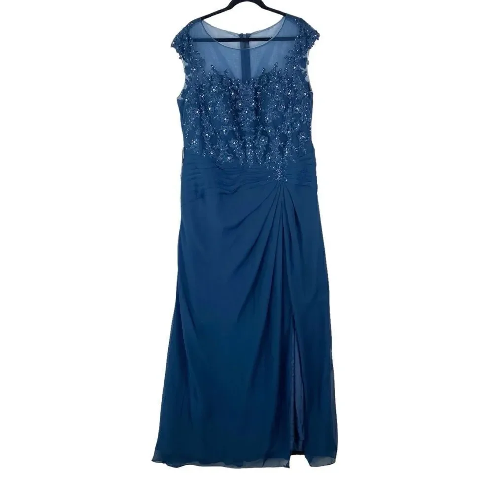 Azazie Libby A-Line Scoop Sequins Chiffon Dress Sz 20 Dark Navy Wedding - Picture 3 of 16